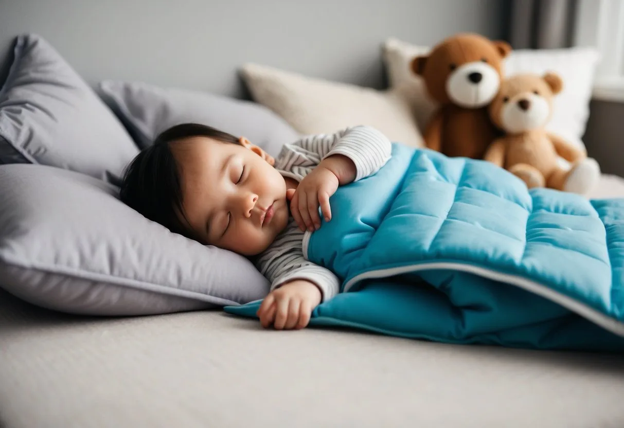 en hyggelig illustration af en baby eller et barn der sover fredfyldt under et vægttæppe eller en vægt soveby dragt omgivet af bløde puder og tøjdyr